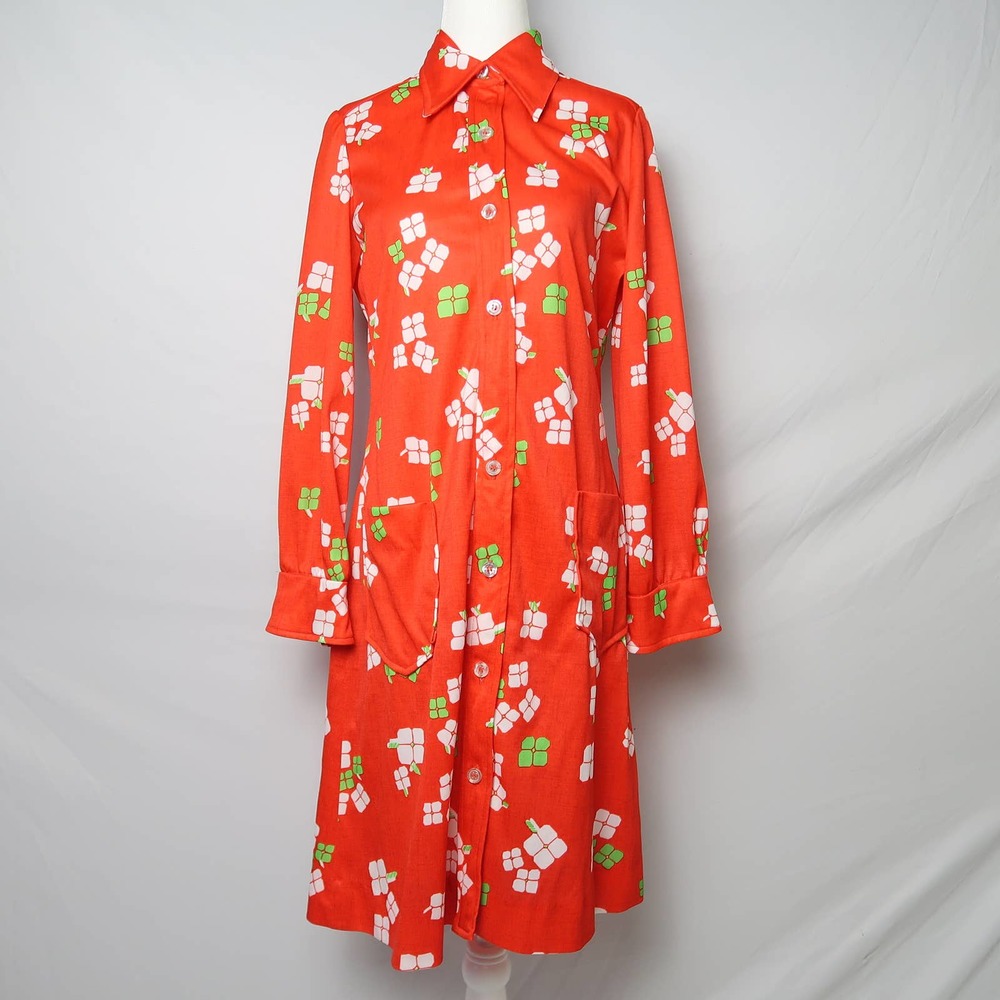 Vintage 70s red orange and white groovy floral mini shirt dress S - Picture 1 of 6